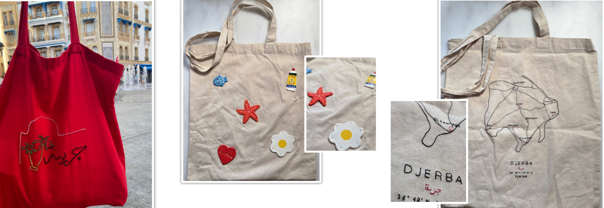Cadres et tote bags brodés par Fadoua
